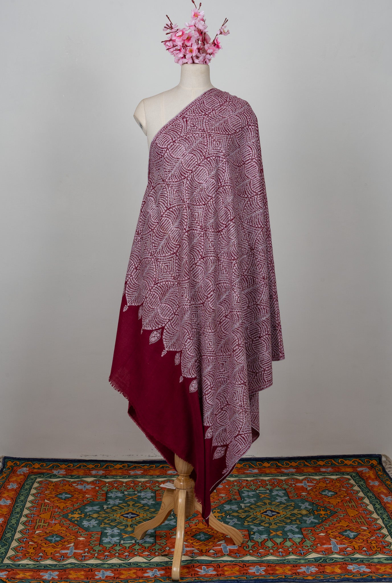 Sozni Hand Embroidered Pashmina: Deep Wine Circular Bloom