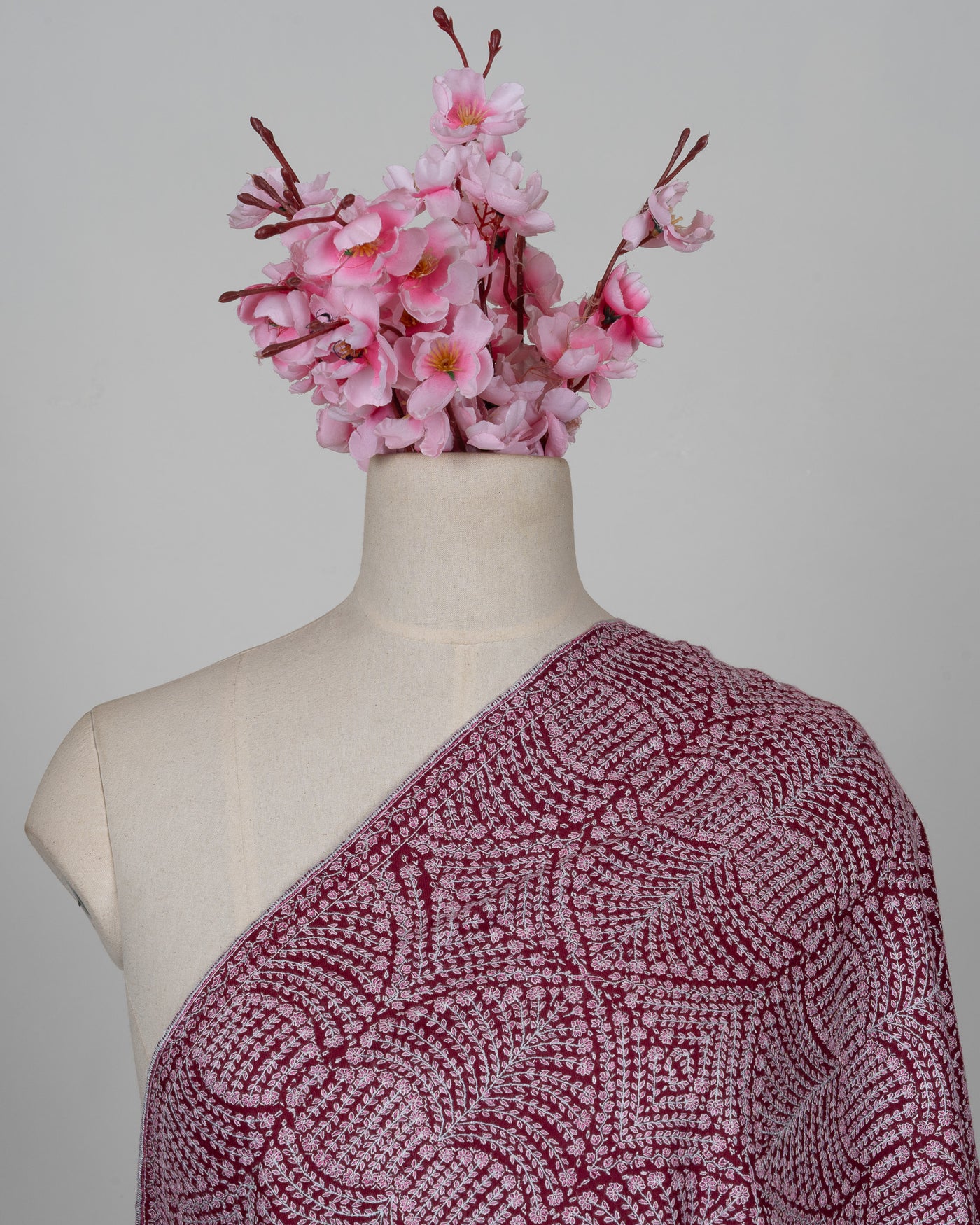 Sozni Hand Embroidered Pashmina: Deep Wine Circular Bloom