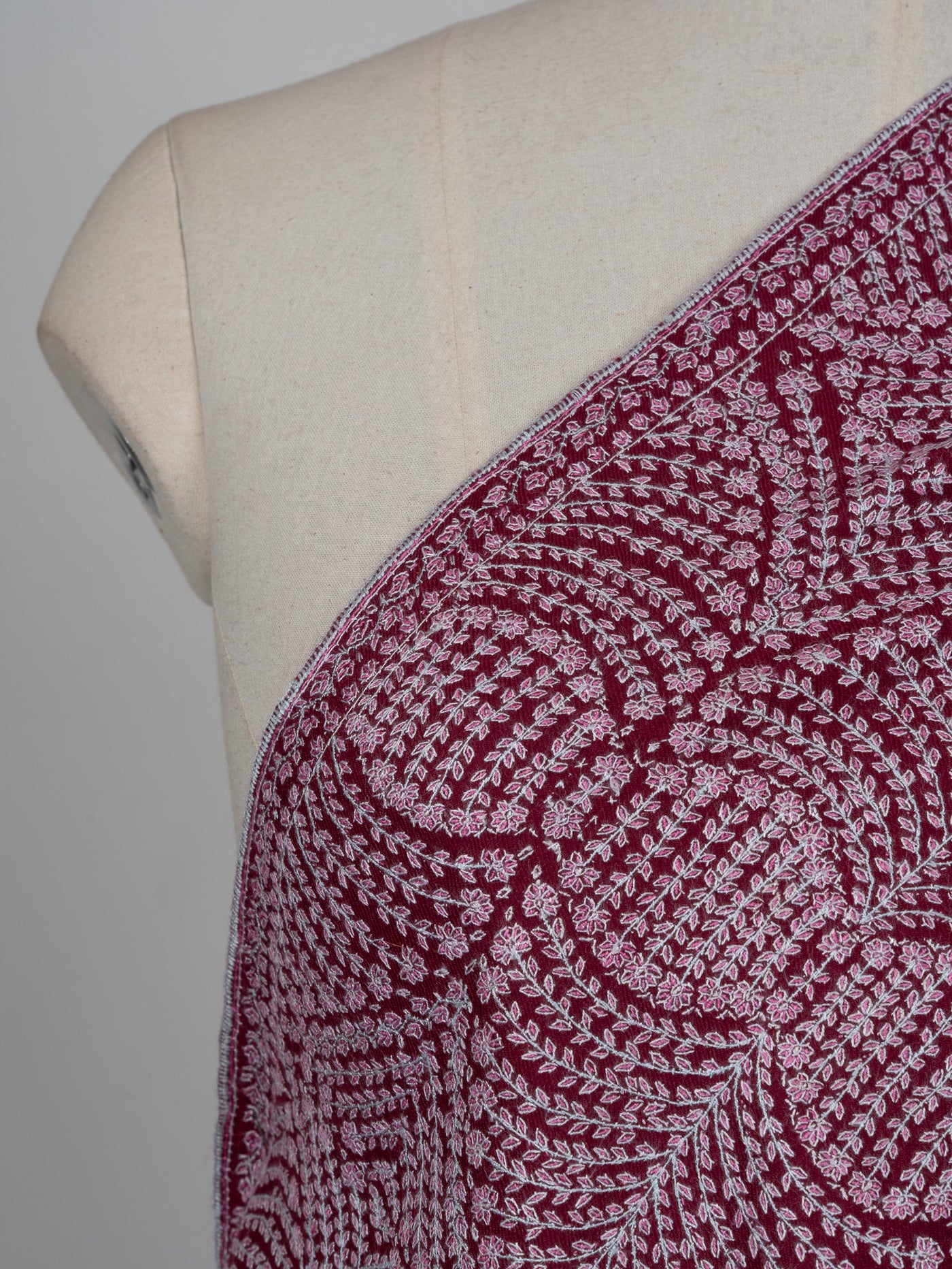 Sozni Hand Embroidered Pashmina: Deep Wine Circular Bloom