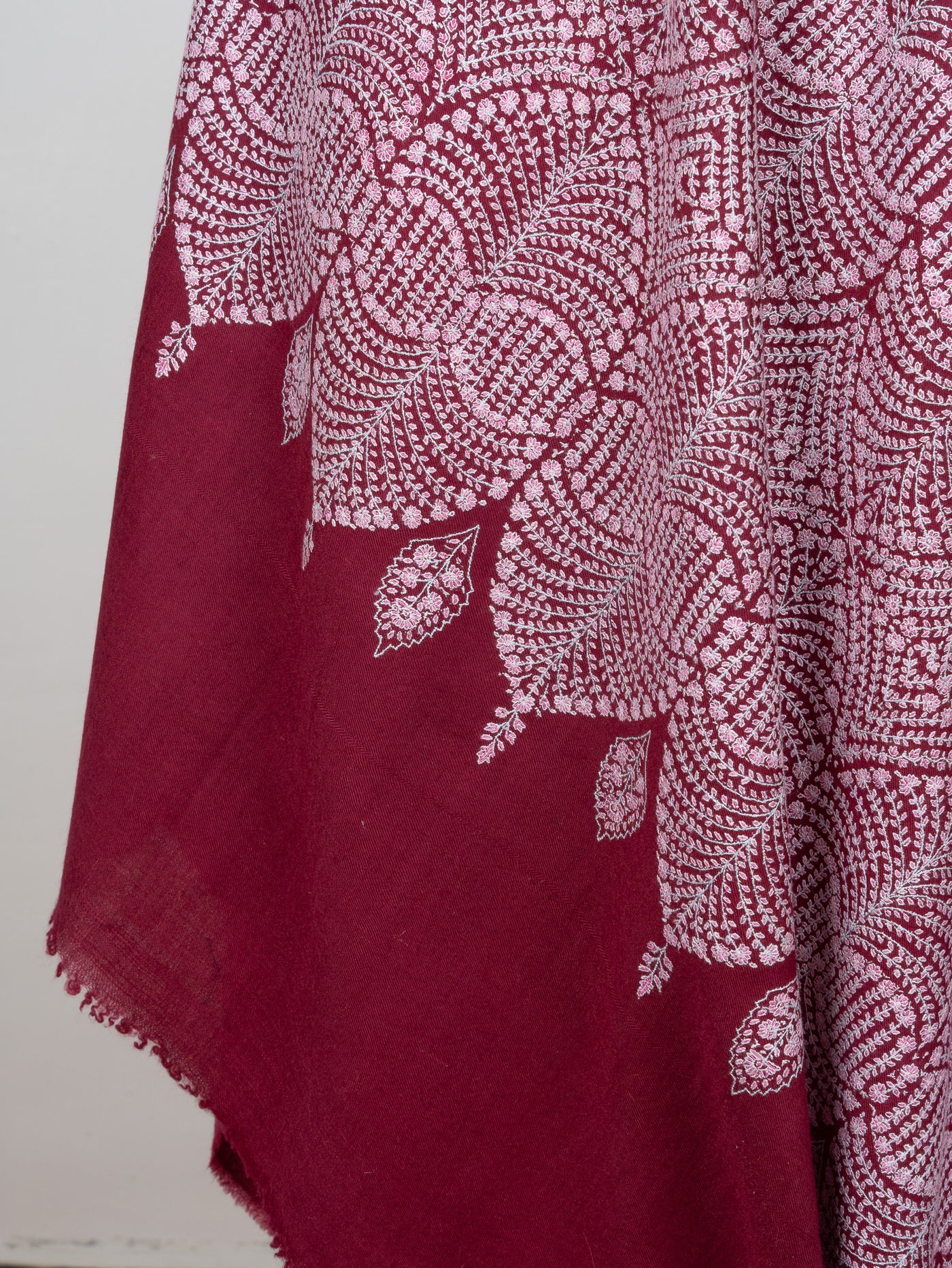 Sozni Hand Embroidered Pashmina: Deep Wine Circular Bloom