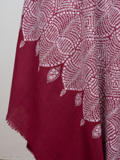 Sozni Hand Embroidered Pashmina: Deep Wine Circular Bloom