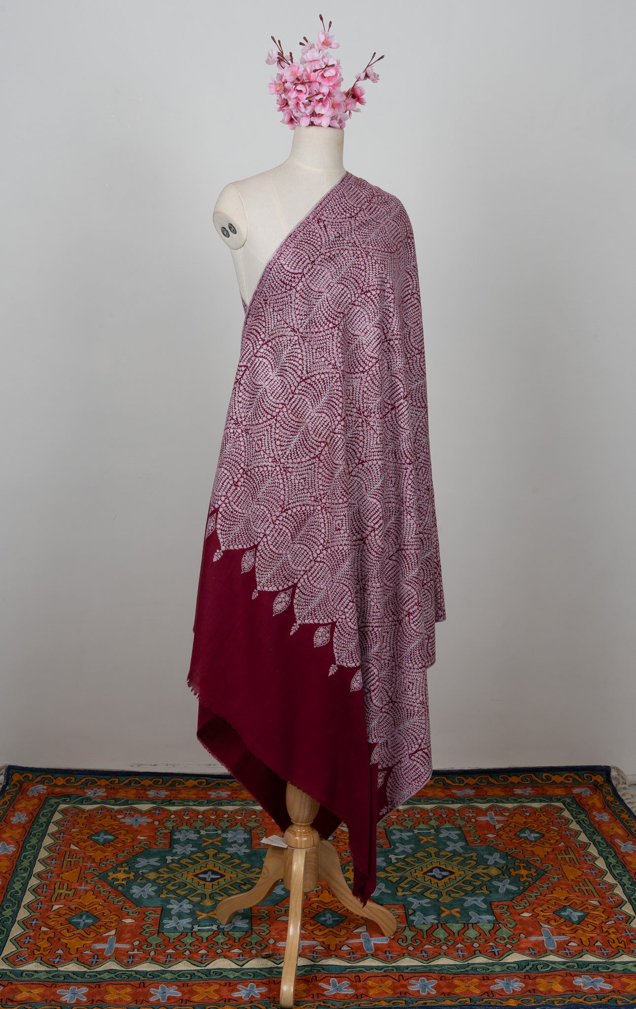 Sozni Hand Embroidered Pashmina: Deep Wine Circular Bloom