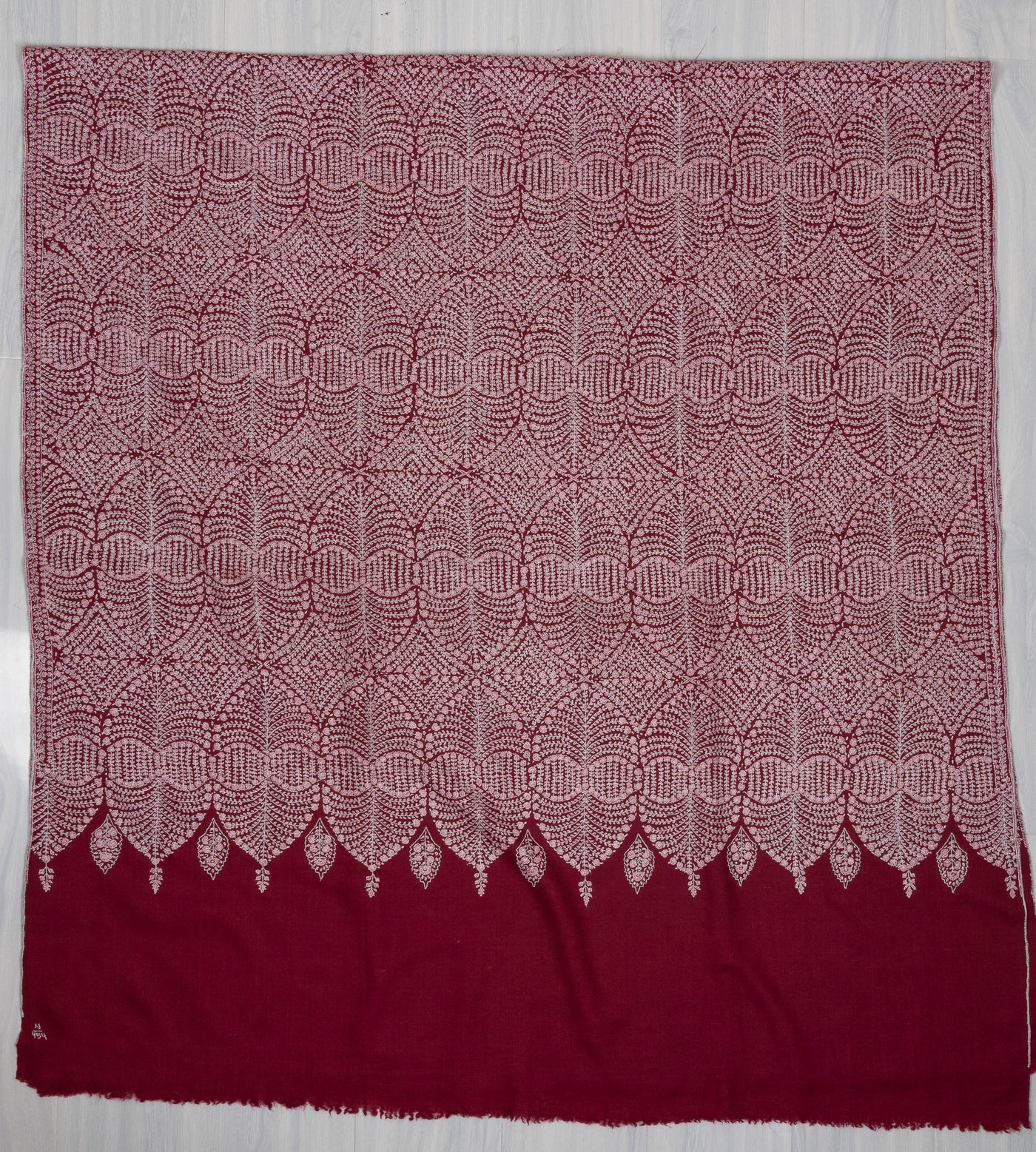Sozni Hand Embroidered Pashmina: Deep Wine Circular Bloom