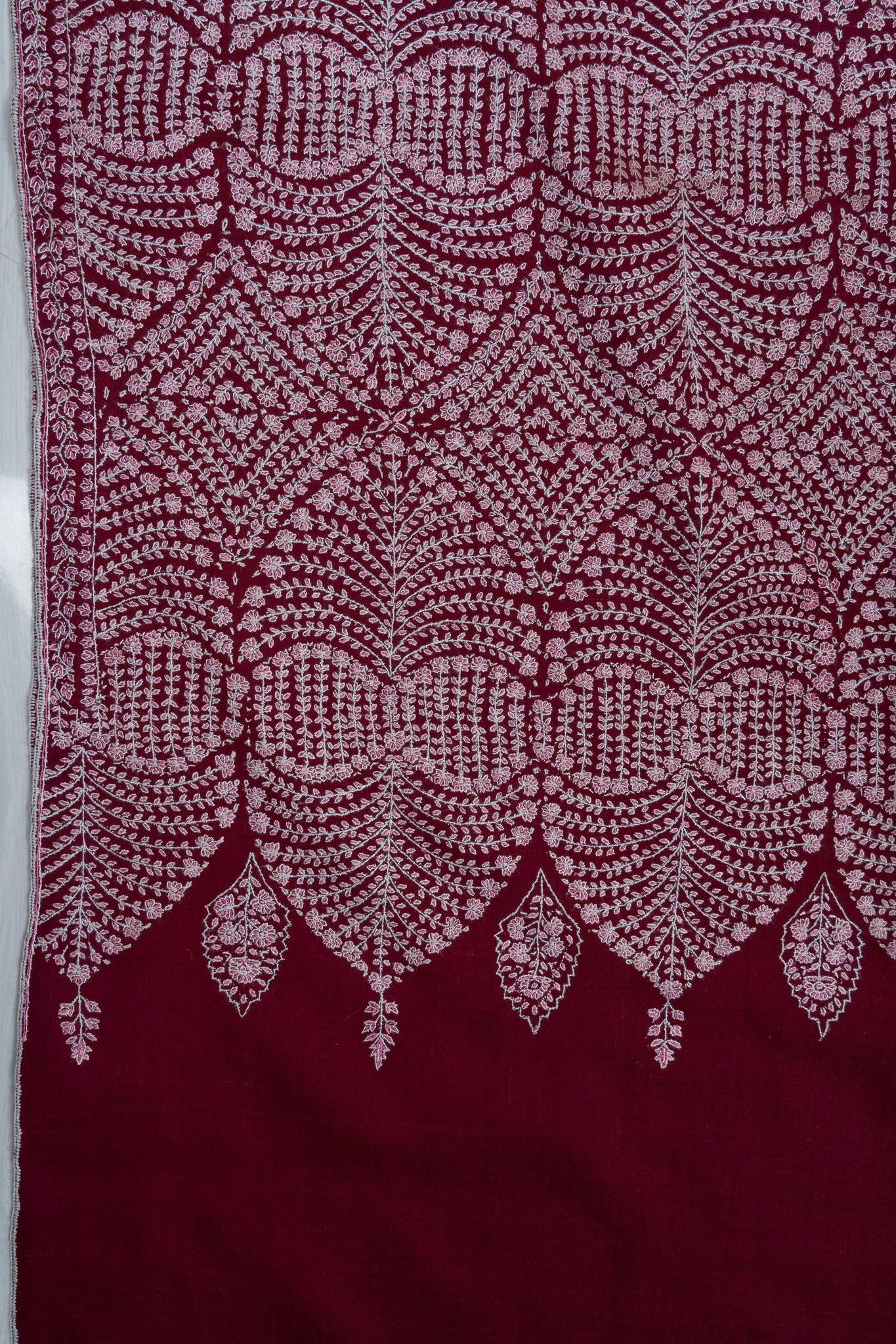 Sozni Hand Embroidered Pashmina: Deep Wine Circular Bloom
