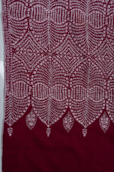 Sozni Hand Embroidered Pashmina: Deep Wine Circular Bloom