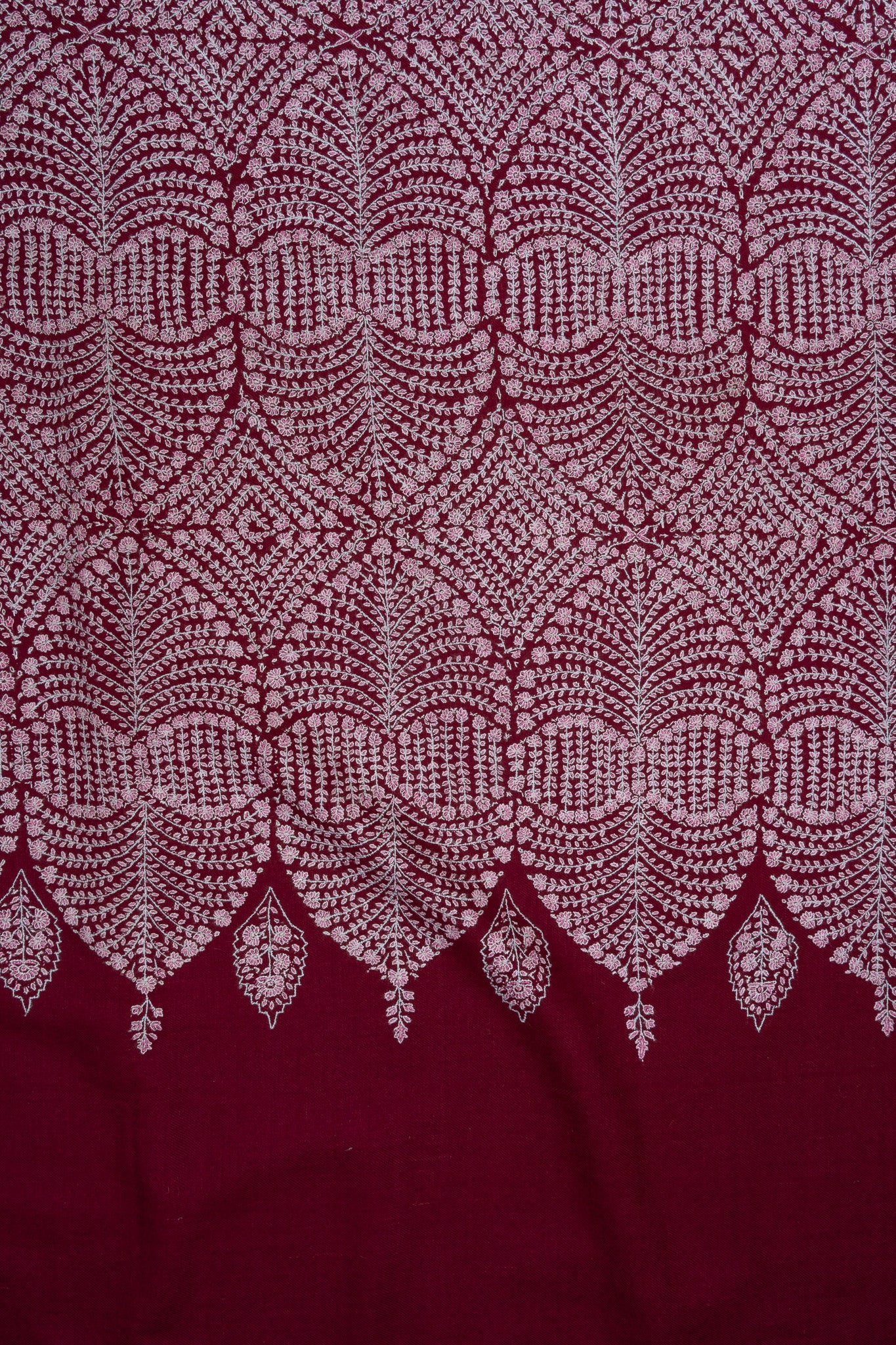 Sozni Hand Embroidered Pashmina: Deep Wine Circular Bloom