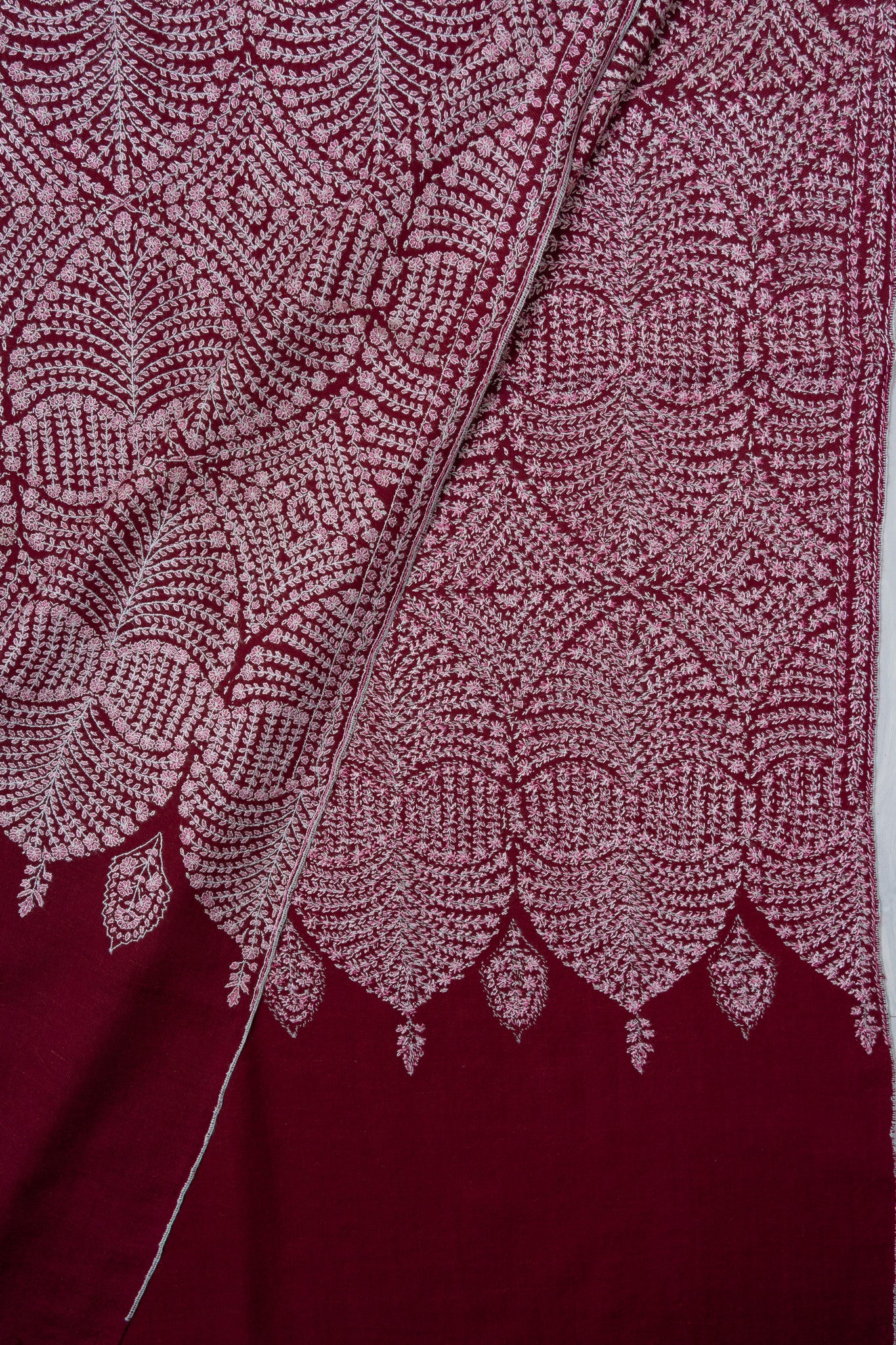 Sozni Hand Embroidered Pashmina: Deep Wine Circular Bloom