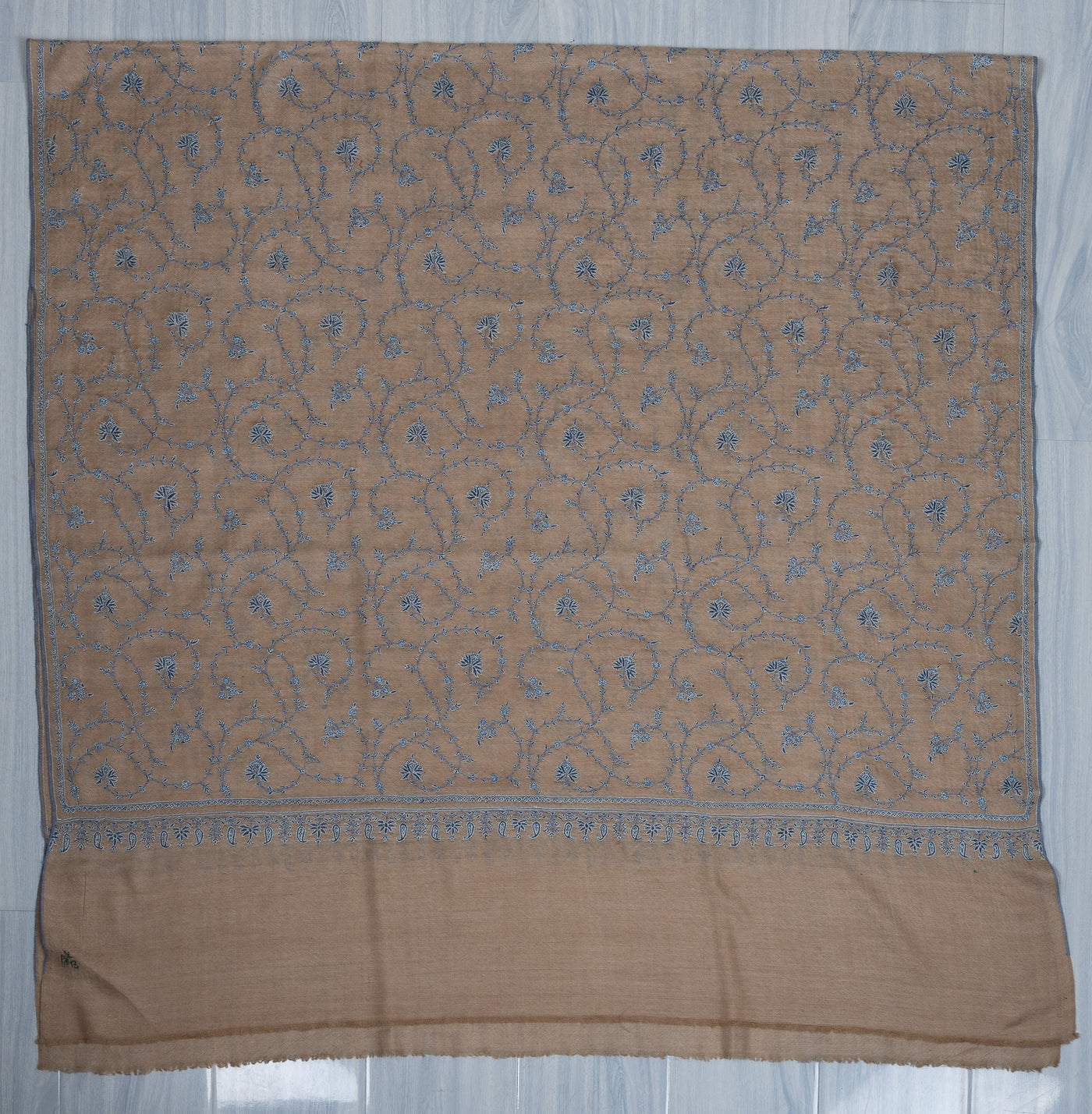 Sozni Hand Embroidered Pashmina: Earthy Beige Floral Vine Spread