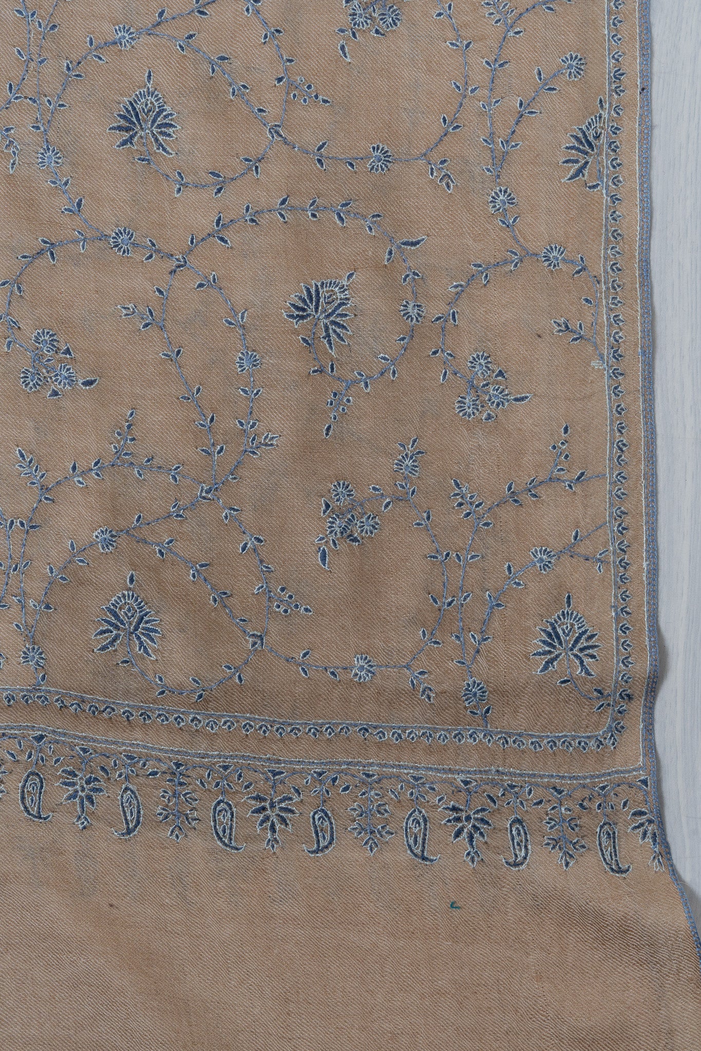 Sozni Hand Embroidered Pashmina: Earthy Beige Floral Vine Spread