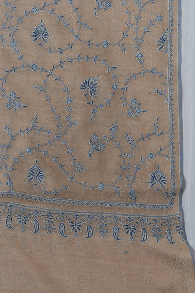 Sozni Hand Embroidered Pashmina: Earthy Beige Floral Vine Spread