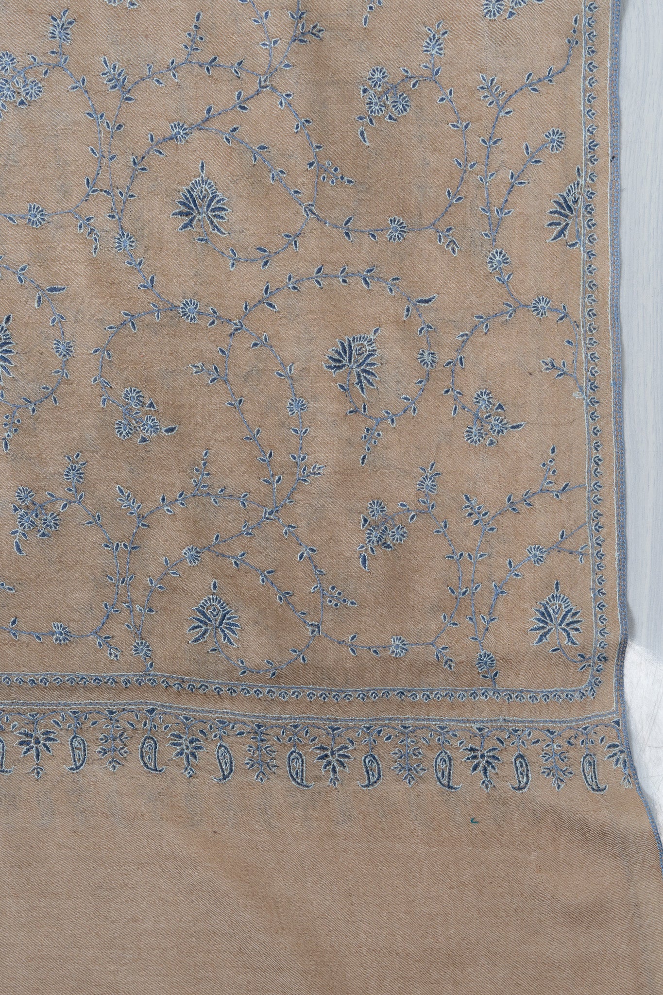 Sozni Hand Embroidered Pashmina: Earthy Beige Floral Vine Spread