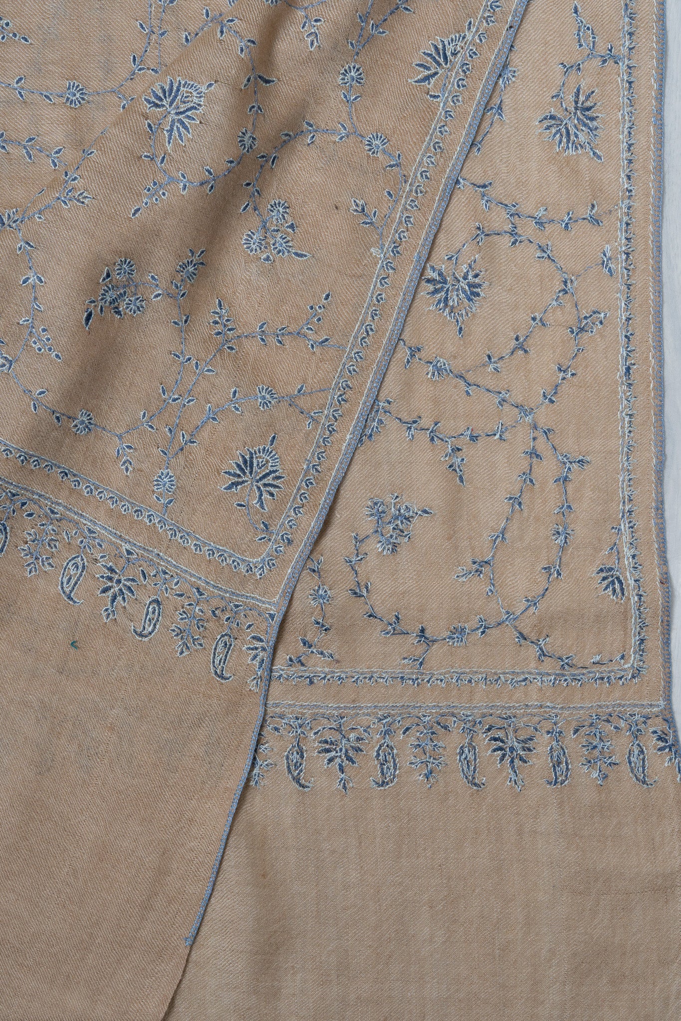 Sozni Hand Embroidered Pashmina: Earthy Beige Floral Vine Spread