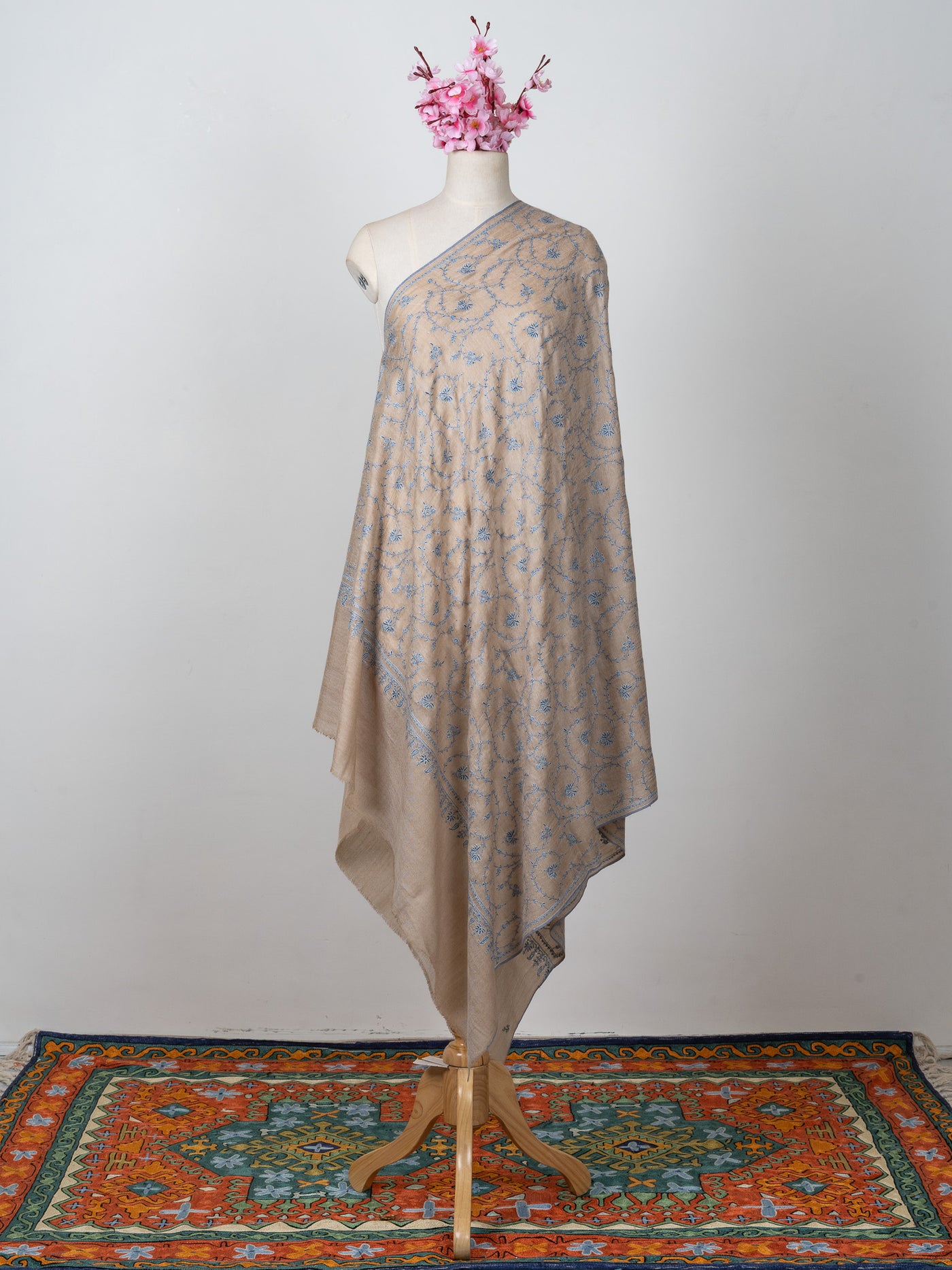 Sozni Hand Embroidered Pashmina: Earthy Beige Floral Vine Spread