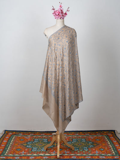 Sozni Hand Embroidered Pashmina: Earthy Beige Floral Vine Spread