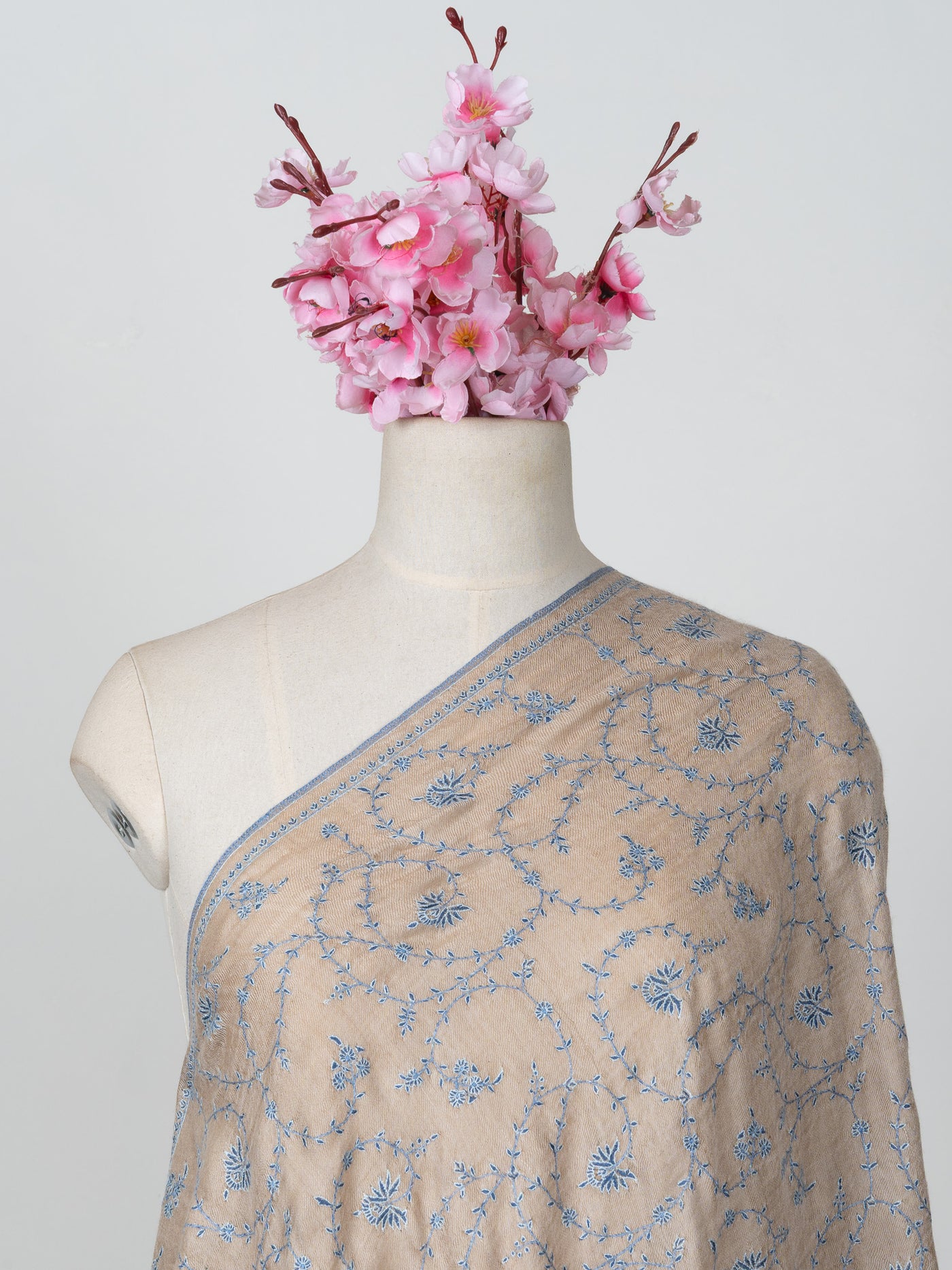 Sozni Hand Embroidered Pashmina: Earthy Beige Floral Vine Spread