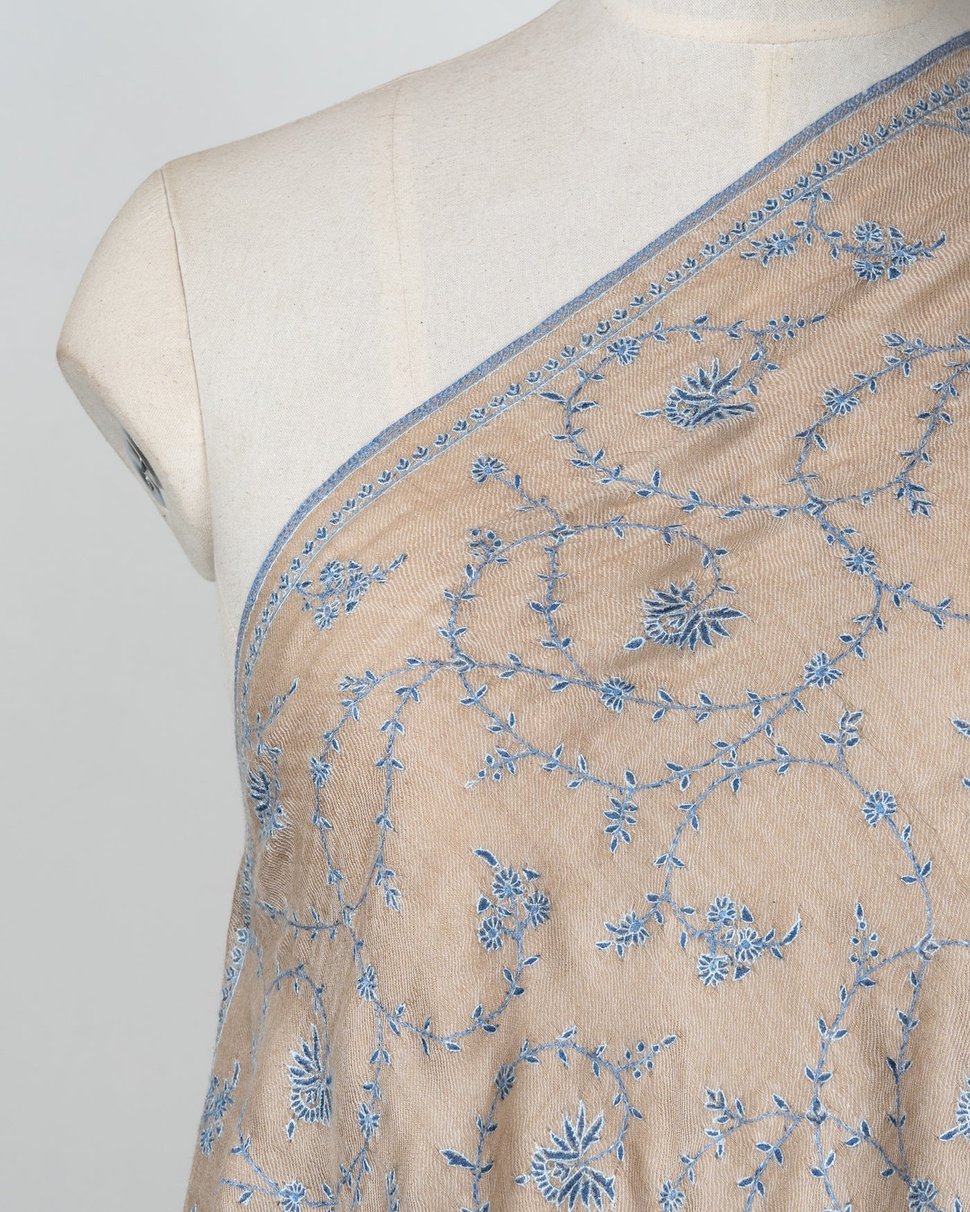 Sozni Hand Embroidered Pashmina: Earthy Beige Floral Vine Spread