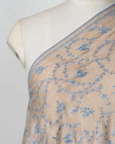 Sozni Hand Embroidered Pashmina: Earthy Beige Floral Vine Spread