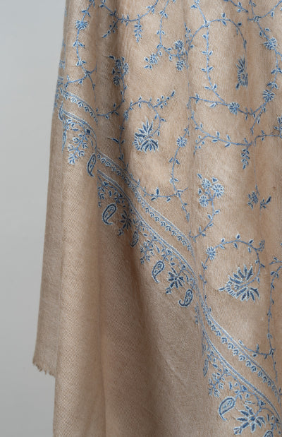 Sozni Hand Embroidered Pashmina: Earthy Beige Floral Vine Spread