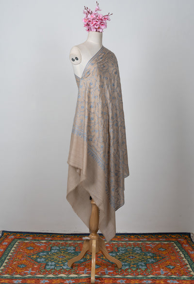 Sozni Hand Embroidered Pashmina: Earthy Beige Floral Vine Spread