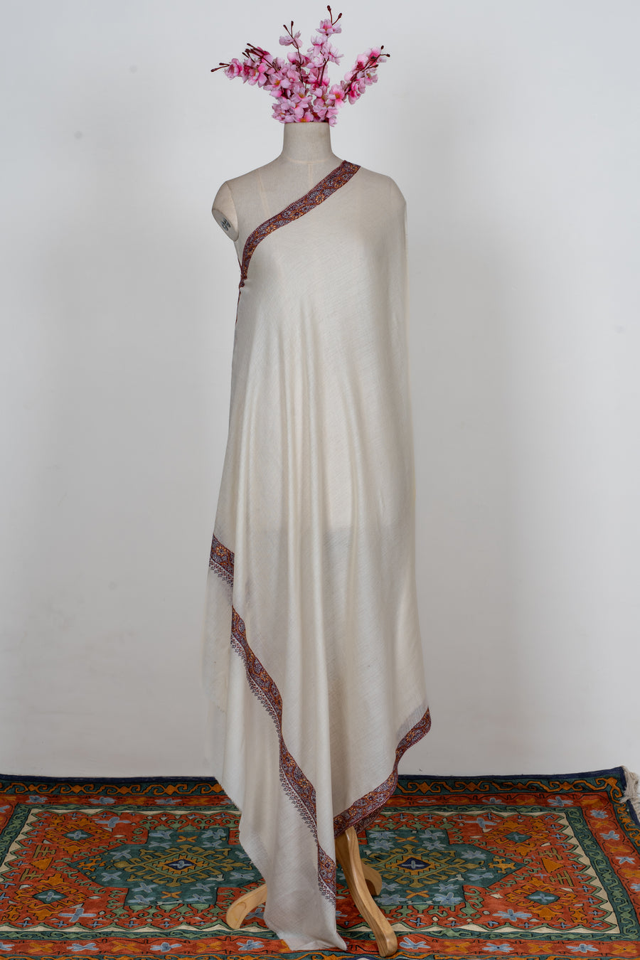 Pearl Mist: Merino Wool Hand Embroidered 2.5 Yards Shawl