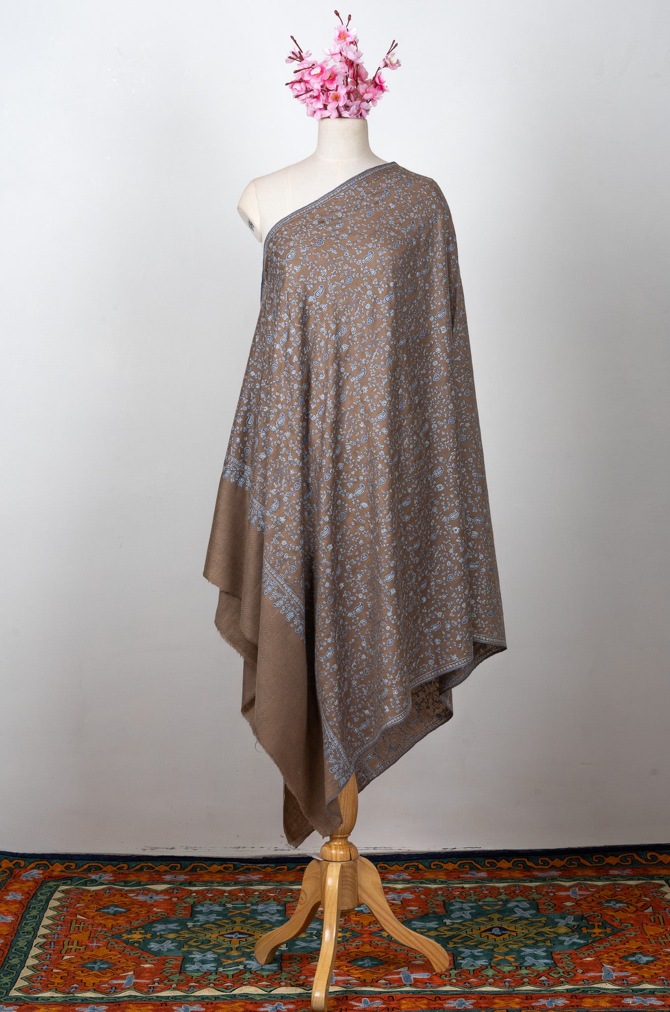 Sozni Hand Embroidered Pashmina: Mocha Blue Paisley Drift