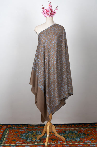 Sozni Hand Embroidered Pashmina: Mocha Blue Paisley Drift