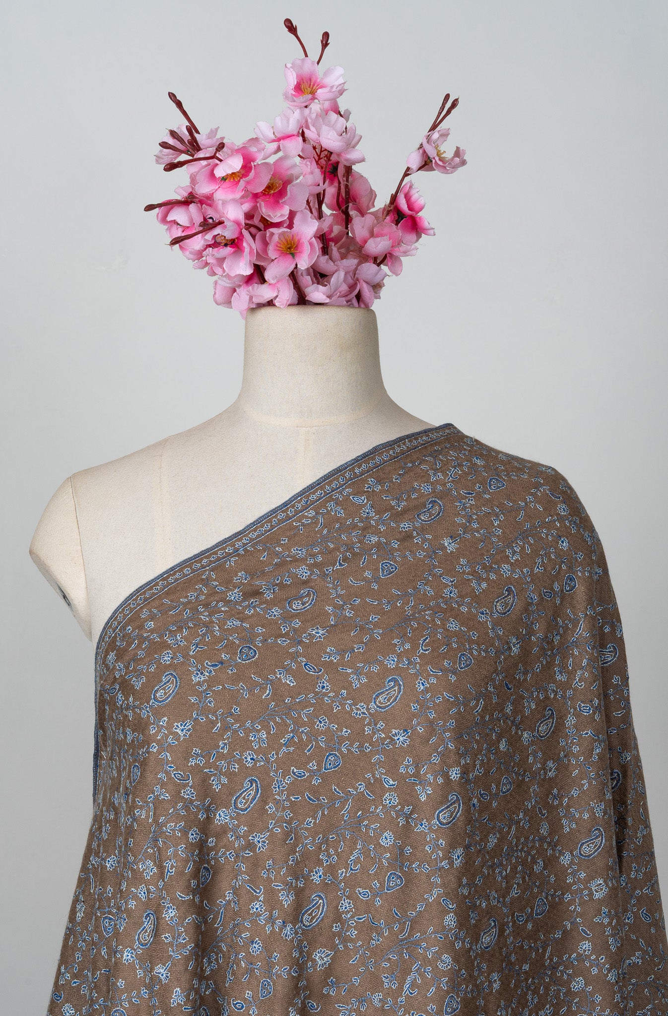 Sozni Hand Embroidered Pashmina: Mocha Blue Paisley Drift