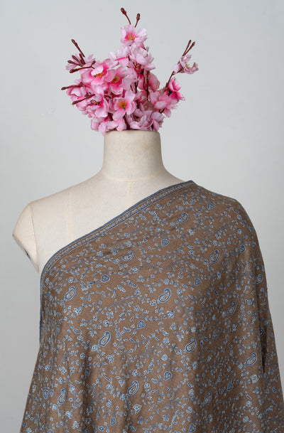 Sozni Hand Embroidered Pashmina: Mocha Blue Paisley Drift