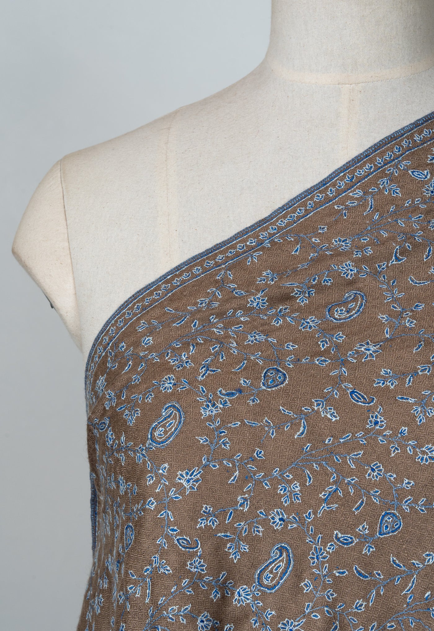 Sozni Hand Embroidered Pashmina: Mocha Blue Paisley Drift