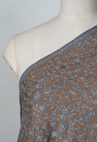 Sozni Hand Embroidered Pashmina: Mocha Blue Paisley Drift
