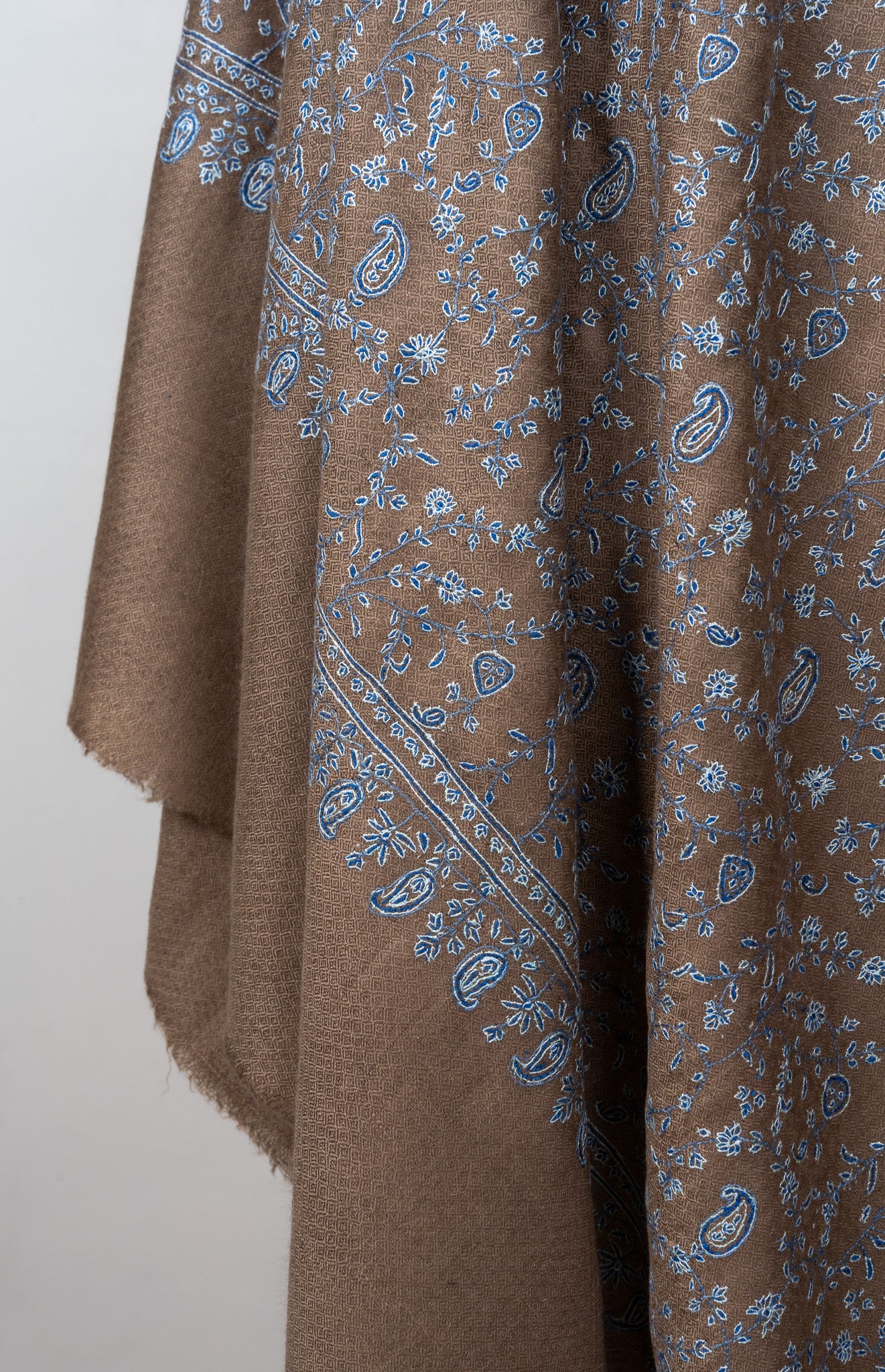 Sozni Hand Embroidered Pashmina: Mocha Blue Paisley Drift
