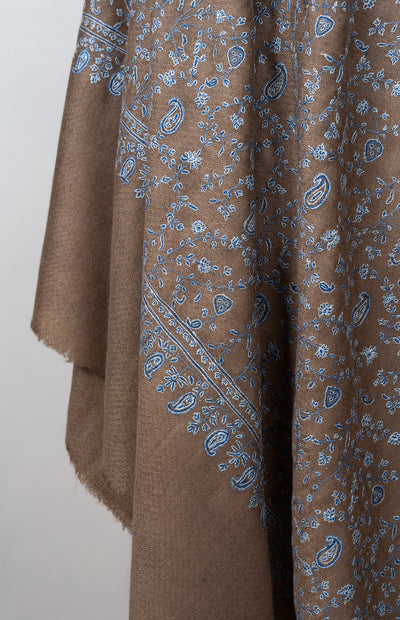 Sozni Hand Embroidered Pashmina: Mocha Blue Paisley Drift