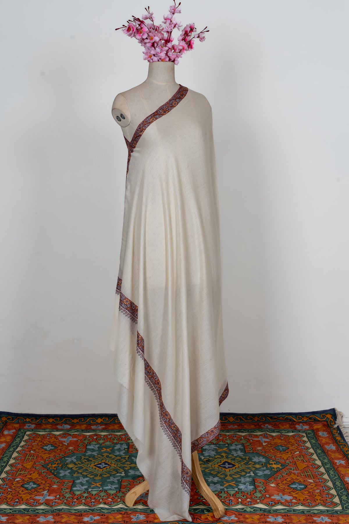 Pearl Mist: Merino Wool Hand Embroidered 2.5 Yards Shawl