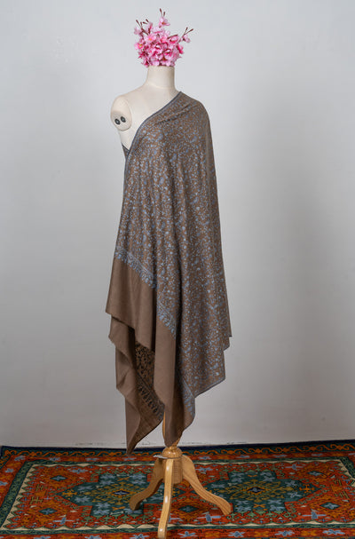 Sozni Hand Embroidered Pashmina: Mocha Blue Paisley Drift