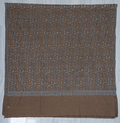 Sozni Hand Embroidered Pashmina: Mocha Blue Paisley Drift