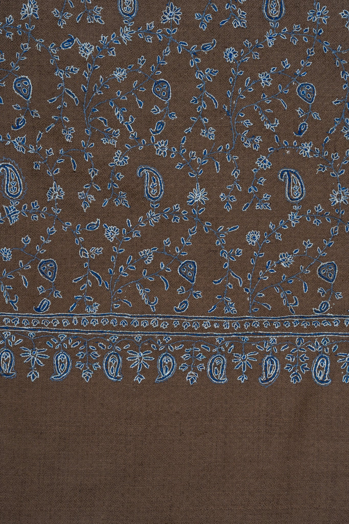 Sozni Hand Embroidered Pashmina: Mocha Blue Paisley Drift