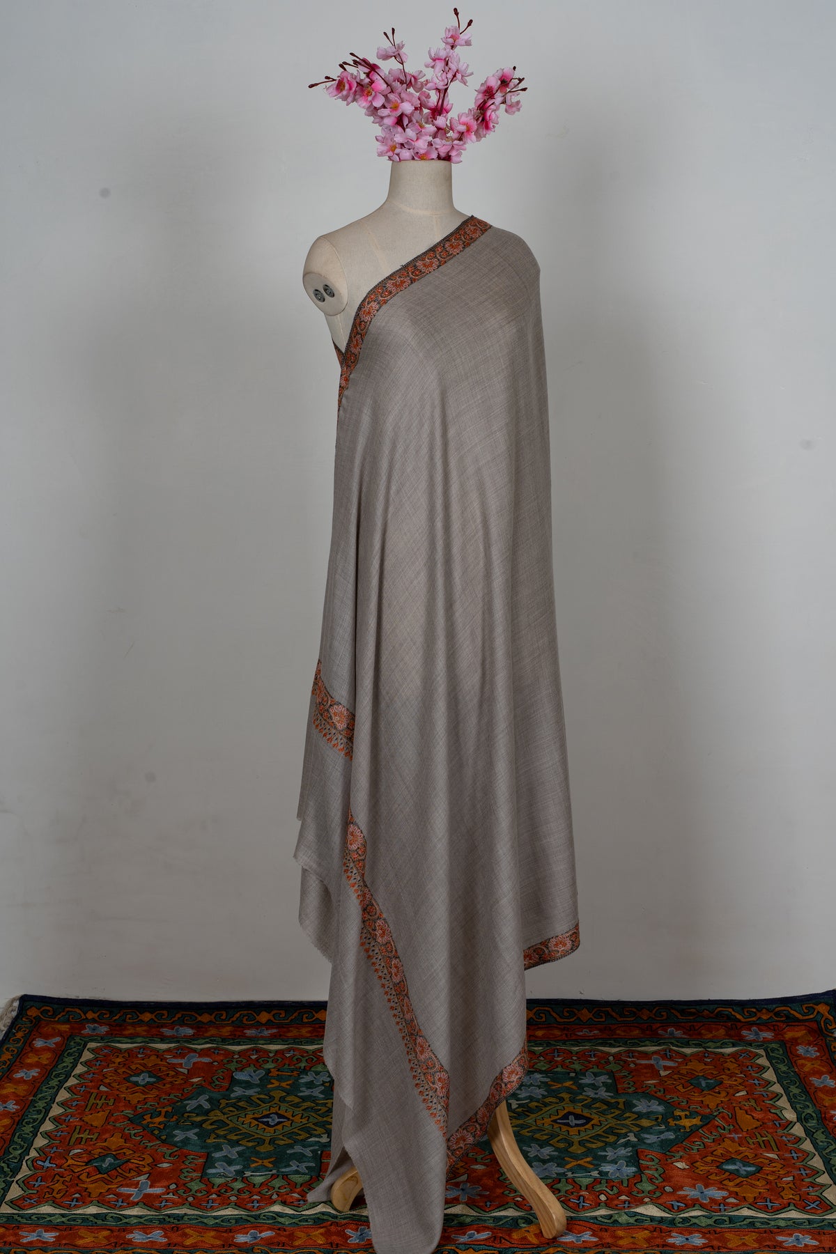 Ashwood Grace: Merino Wool Hand Embroidered 2.5 Yards Shawl