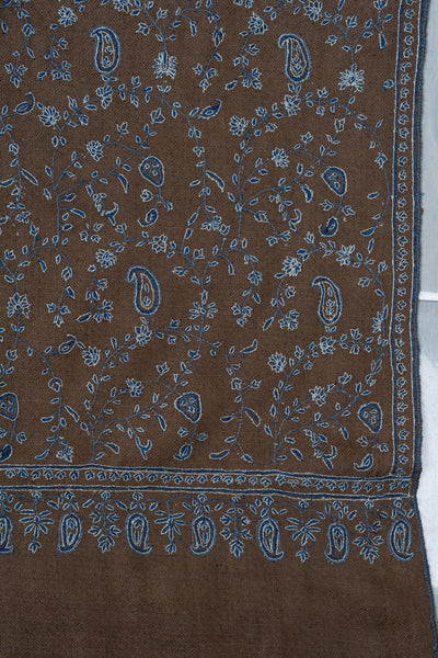 Sozni Hand Embroidered Pashmina: Mocha Blue Paisley Drift