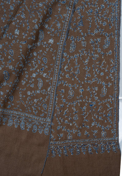 Sozni Hand Embroidered Pashmina: Mocha Blue Paisley Drift