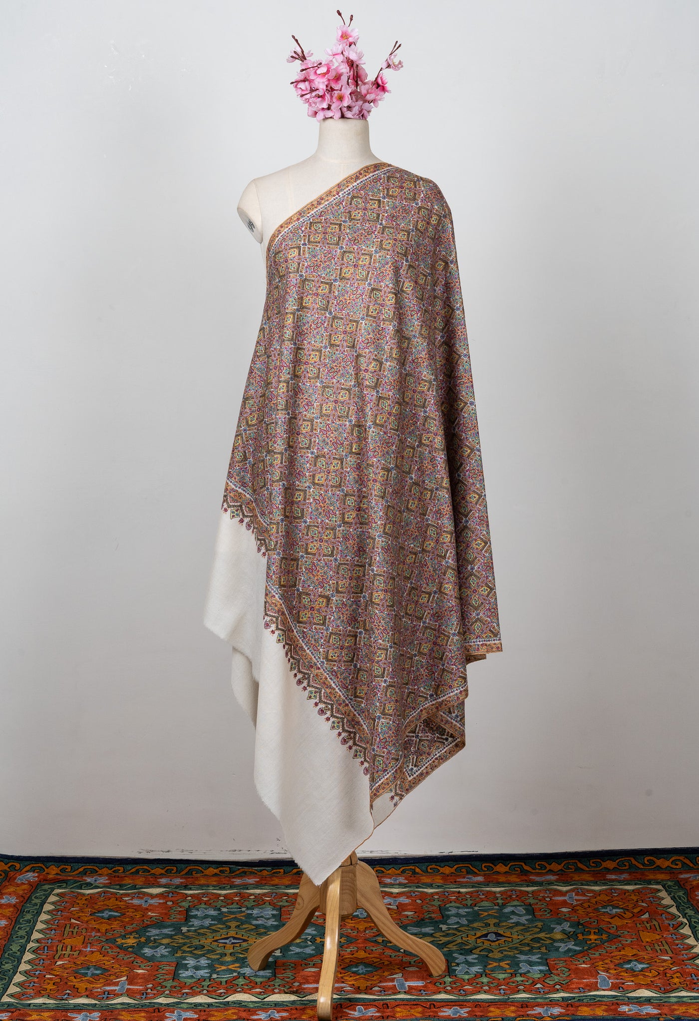 Sozni Hand Embroidered Pashmina: Multicolour Heritage Tile Cascade