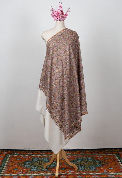 Sozni Hand Embroidered Pashmina: Multicolour Heritage Tile Cascade
