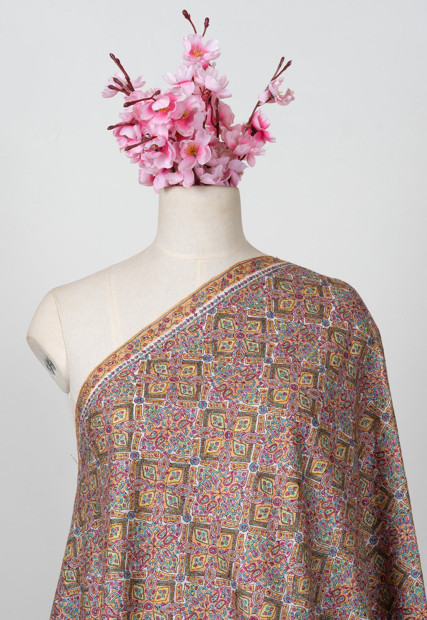 Sozni Hand Embroidered Pashmina: Multicolour Heritage Tile Cascade
