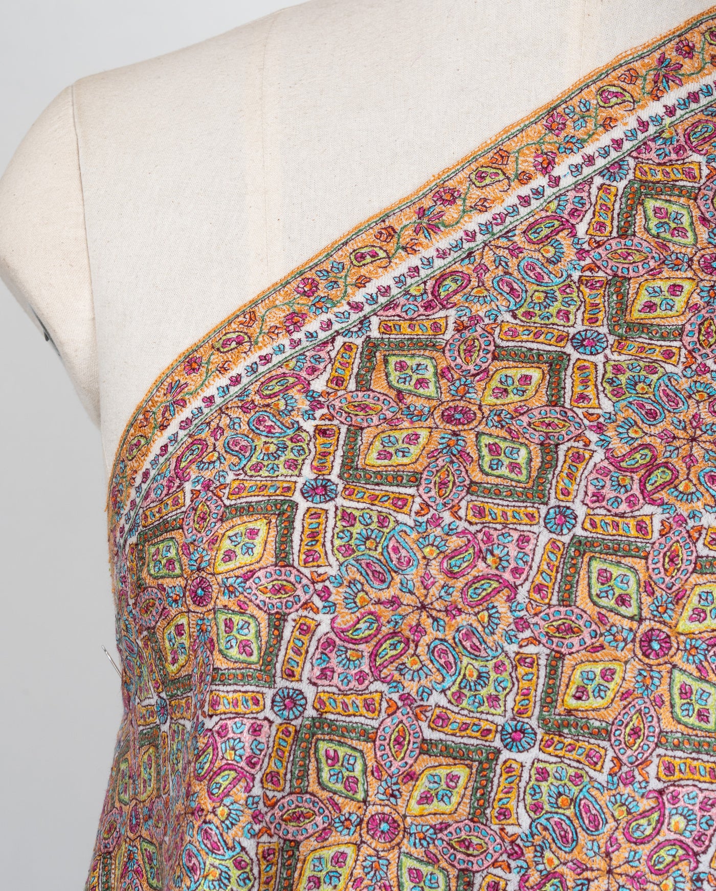 Sozni Hand Embroidered Pashmina: Multicolour Heritage Tile Cascade