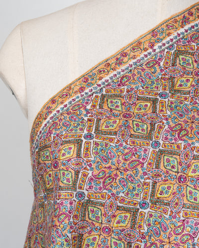 Sozni Hand Embroidered Pashmina: Multicolour Heritage Tile Cascade