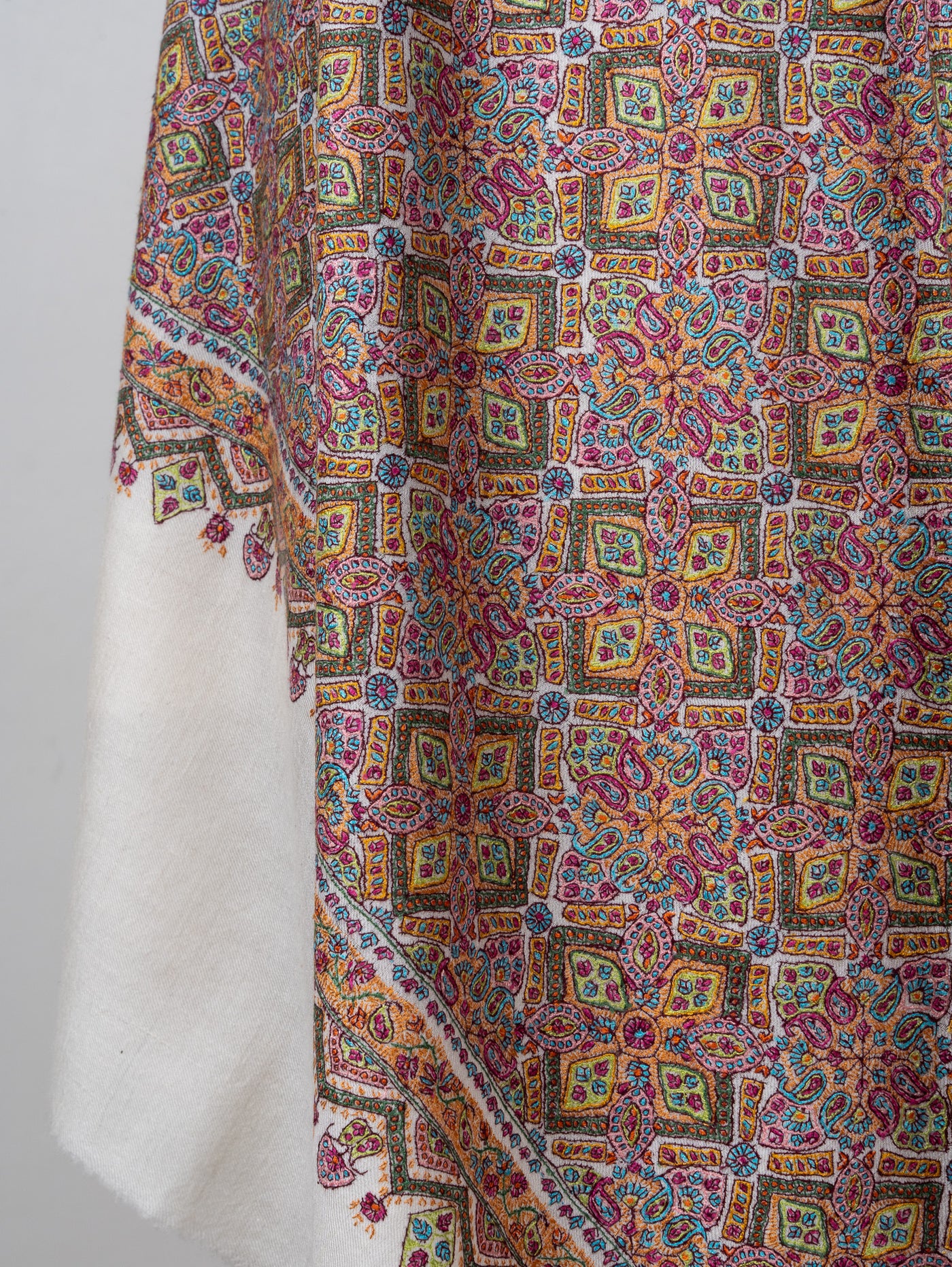 Sozni Hand Embroidered Pashmina: Multicolour Heritage Tile Cascade