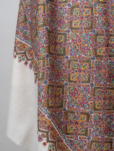 Sozni Hand Embroidered Pashmina: Multicolour Heritage Tile Cascade
