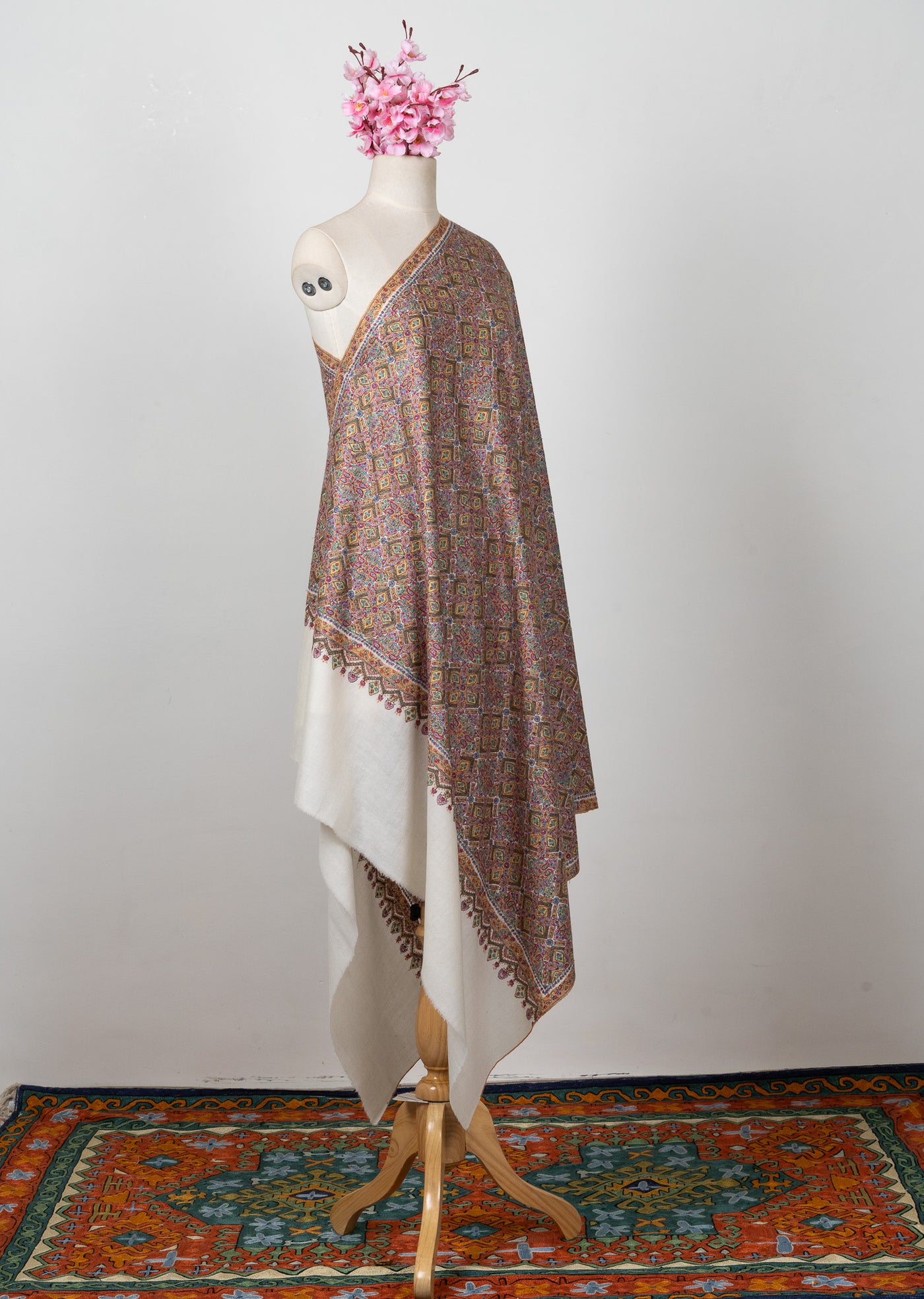 Sozni Hand Embroidered Pashmina: Multicolour Heritage Tile Cascade
