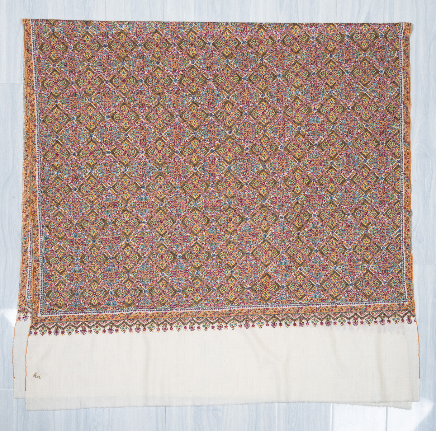 Sozni Hand Embroidered Pashmina: Multicolour Heritage Tile Cascade