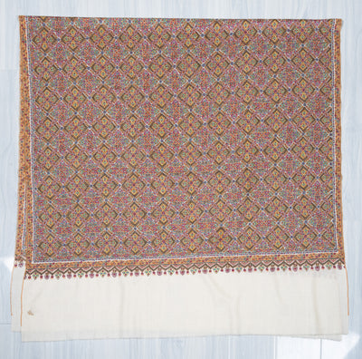 Sozni Hand Embroidered Pashmina: Multicolour Heritage Tile Cascade