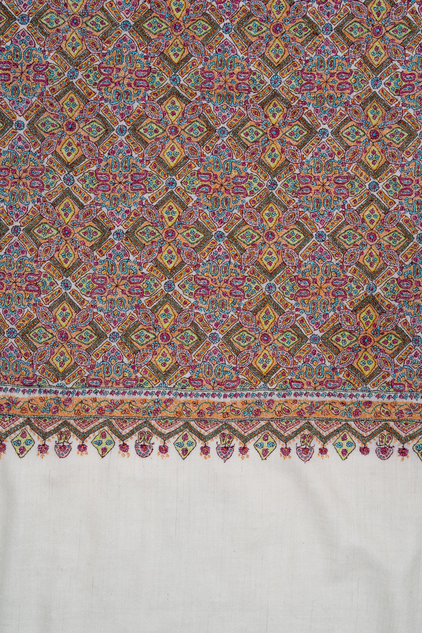 Sozni Hand Embroidered Pashmina: Multicolour Heritage Tile Cascade